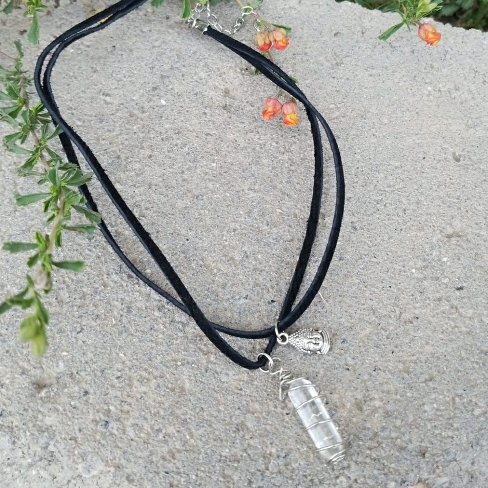 Clear quartz crystal choker with Buddha charm